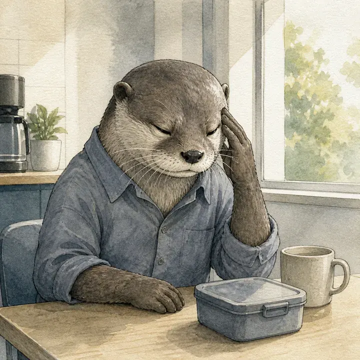 An otter in a shirt at a desk beside a lunchbox, resting its head in one hand mid-afternoon.