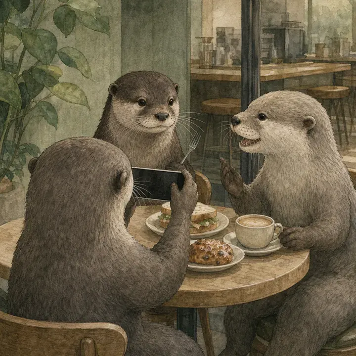 An otter at a café table photographing the plates with a phone while two friends chat.