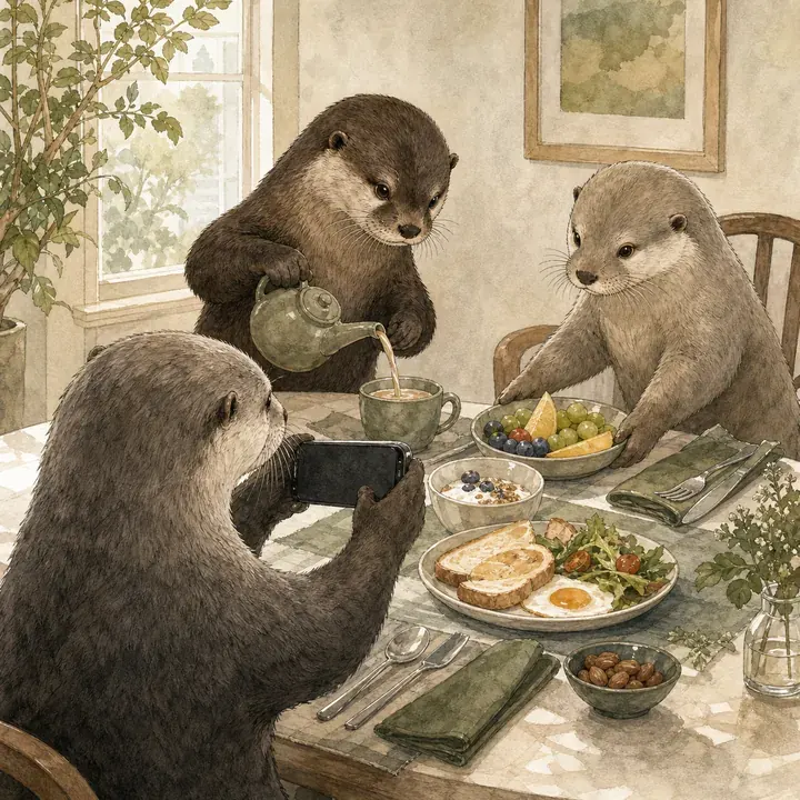 Three otters around a café table; one photographs the plates with a phone while another pours tea.