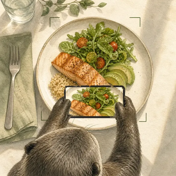 Seen over a sea otter’s shoulder: its phone held over a plate of salmon, greens and grains, the screen showing the plate in the viewfinder.