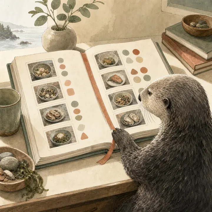 An otter turning the pages of a scrapbook filled with small photographs of meals.
